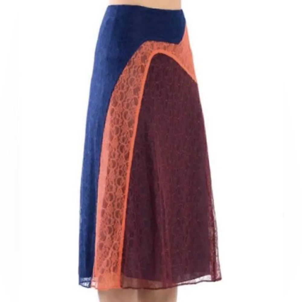 Tory Burch KAISA Blue/Cranberry/Apricot Colorblock Lace Skirt. Size 10. EUC!